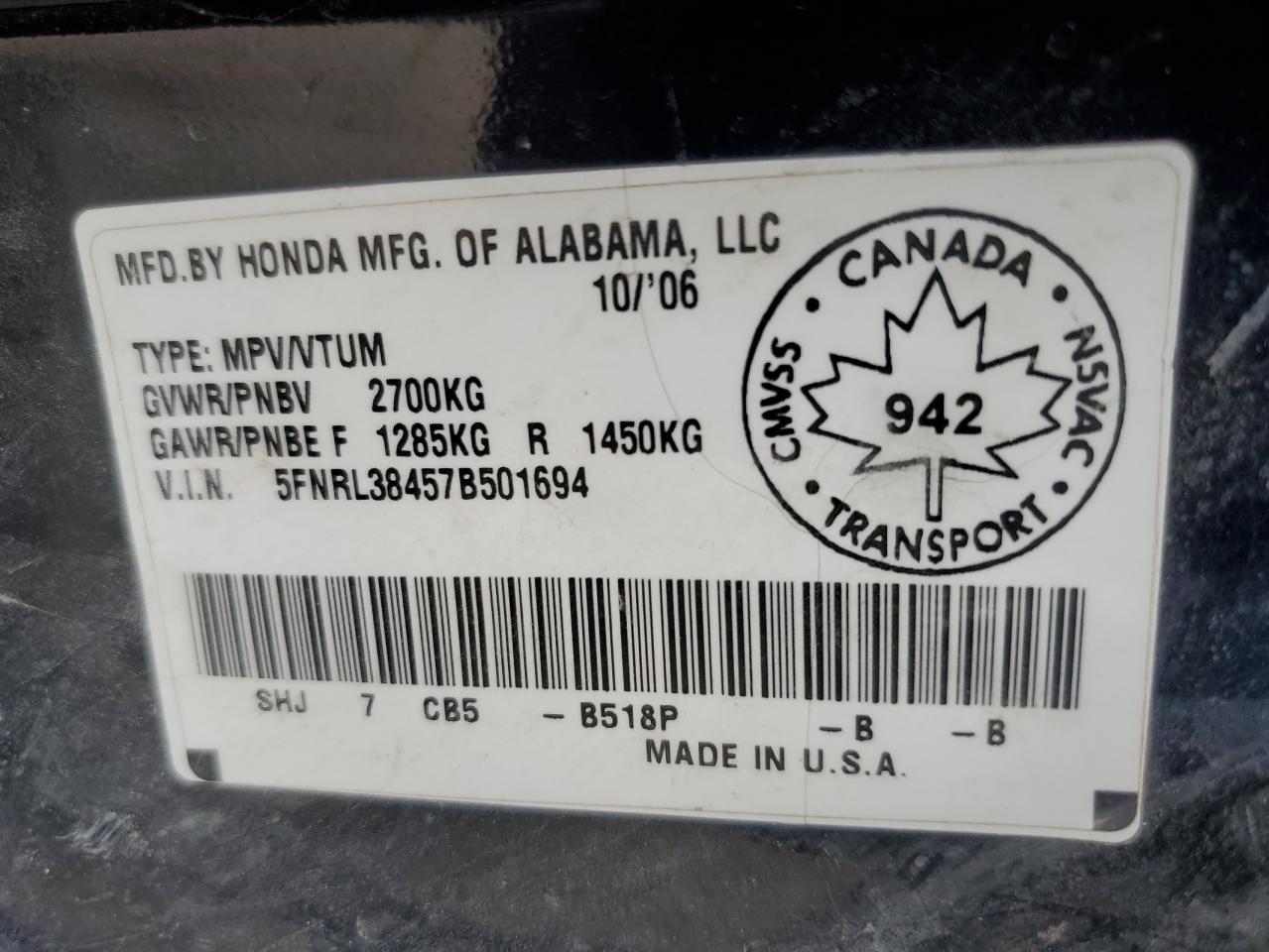 2007 Honda Odyssey VIN 5FNRL38457B501694 Copart auction photo, hail / rear end damage thumbnail 13