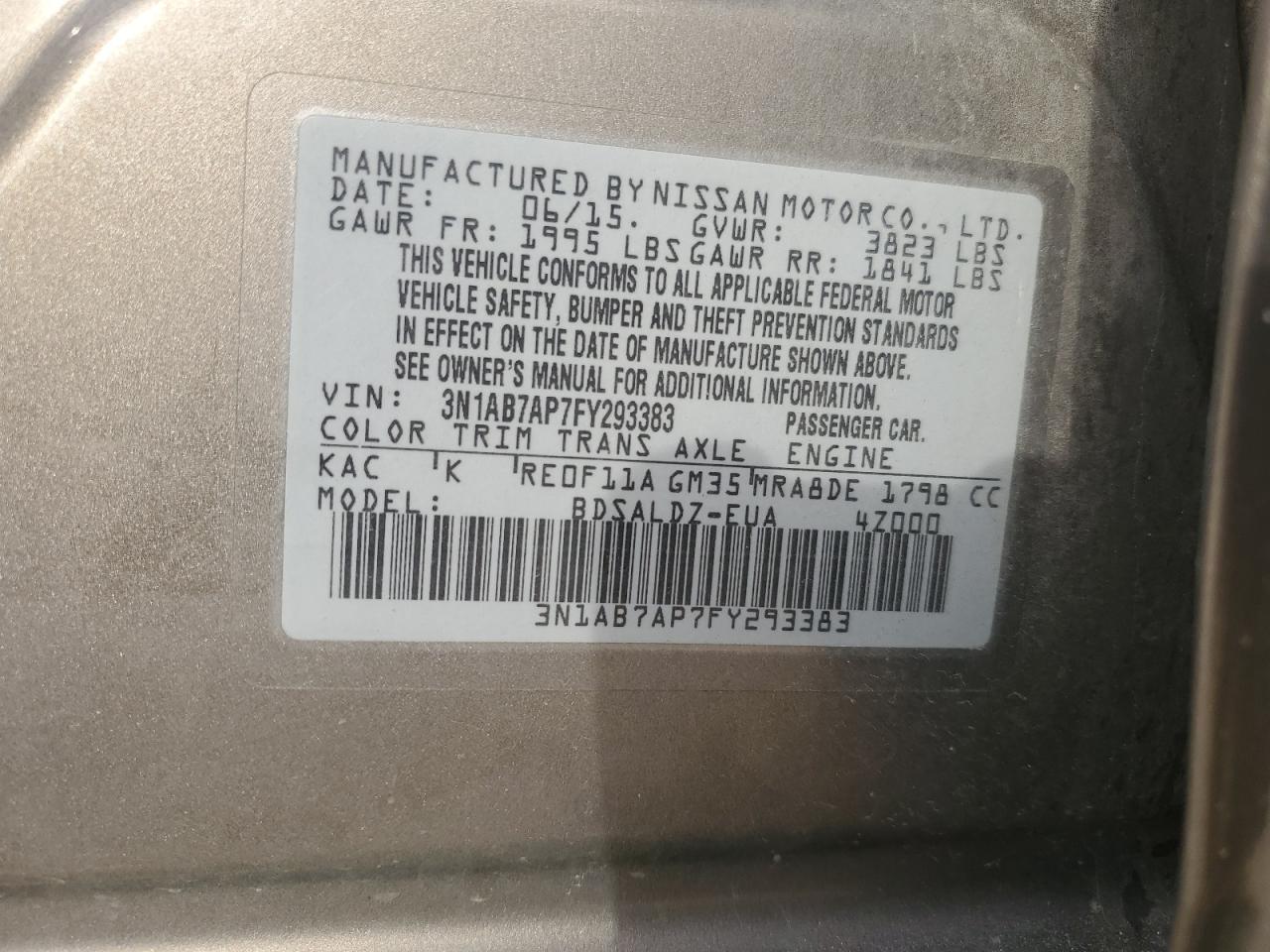 2015 Nissan Sentra VIN 3N1AB7AP7FY293383 Copart auction photo, rear end damage thumbnail 12