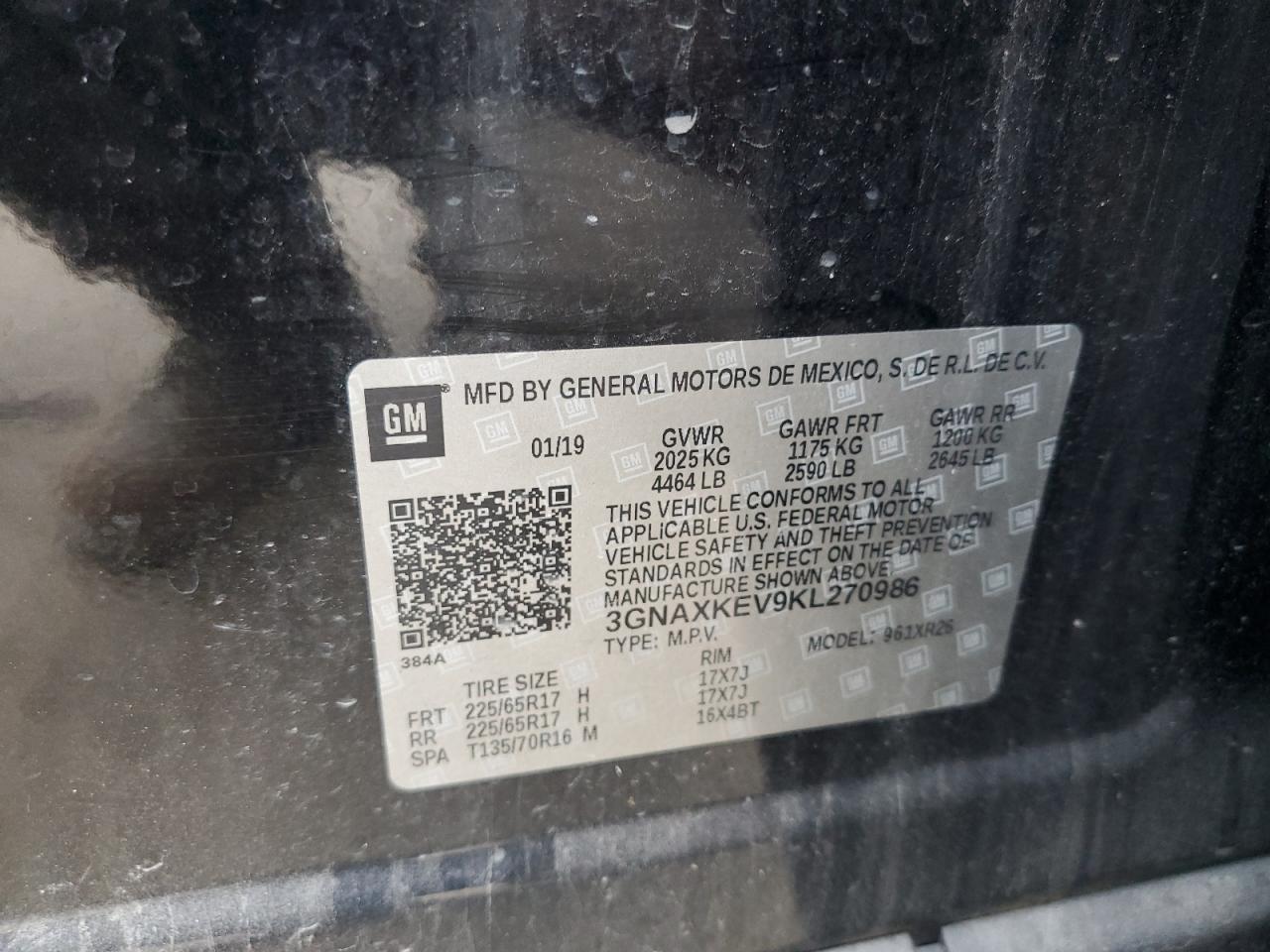 2019 Chevrolet Equinox VIN 3GNAXKEV9KL270986 Copart auction photo, front end / minor dent/scratches damage thumbnail 15