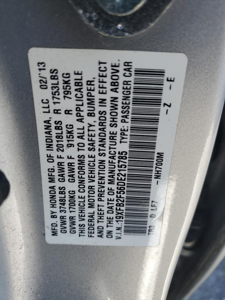 2013 Honda Civic VIN 19XFB2F56DE215785 Copart auction photo, front end damage thumbnail 12