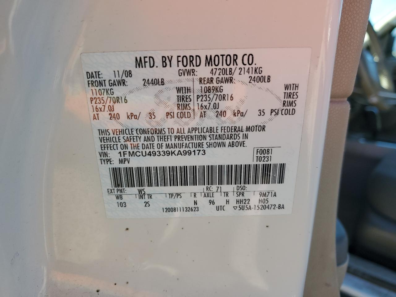 2009 Ford Escape VIN 1FMCU49339KA99173 Copart auction photo, mechanical / side damage thumbnail 13