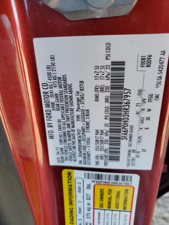 2017 Ford Fusion VIN 3FA6P0HD3HR367957 Copart auction photo, side / all over damage thumbnail 12