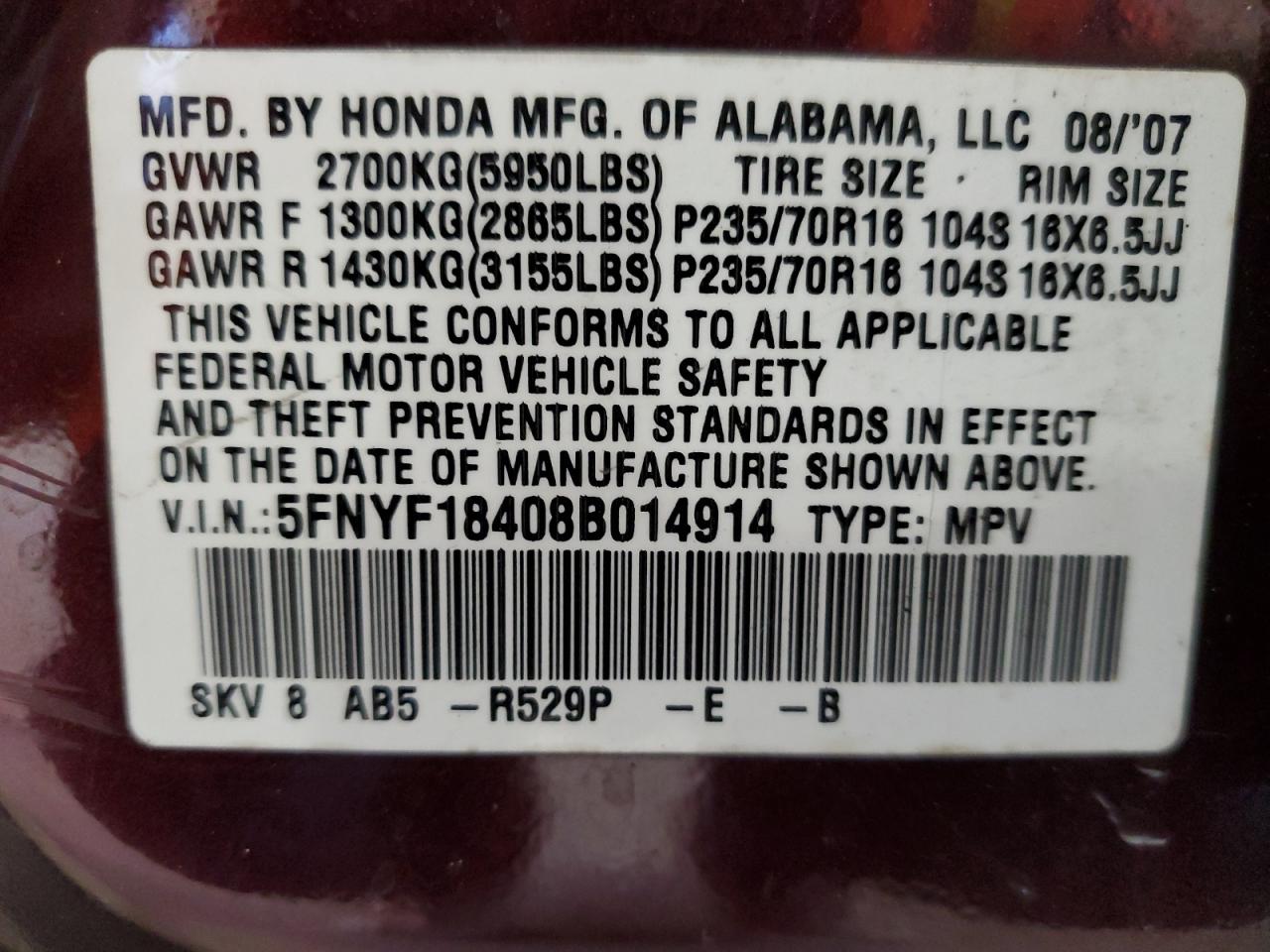2008 Honda Pilot VIN 5FNYF18408B014914 Copart auction photo, mechanical / normal wear damage thumbnail 13