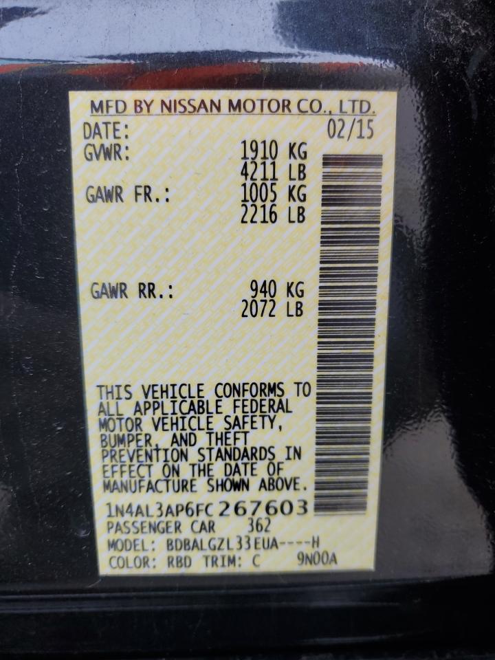 2015 Nissan Altima VIN 1N4AL3AP6FC267603 Copart auction photo, rear end / side damage thumbnail 13