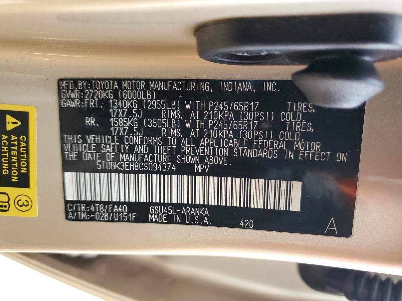 2012 Toyota Highlander VIN 5TDBK3EH8CS094374 Copart auction photo, front end damage thumbnail 13