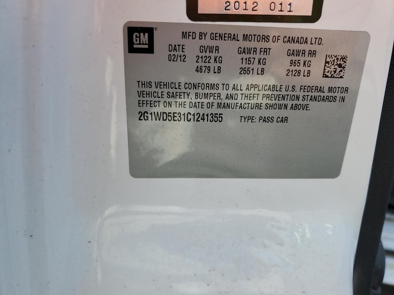 2012 Chevrolet Impala VIN 2G1WD5E31C1241355 Copart auction photo, all over damage thumbnail 14