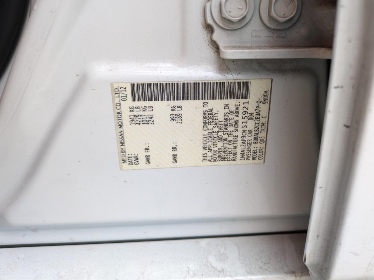 2012 Nissan Altima VIN 1N4AL2AP9CN515921 Copart auction photo, front end damage thumbnail 12