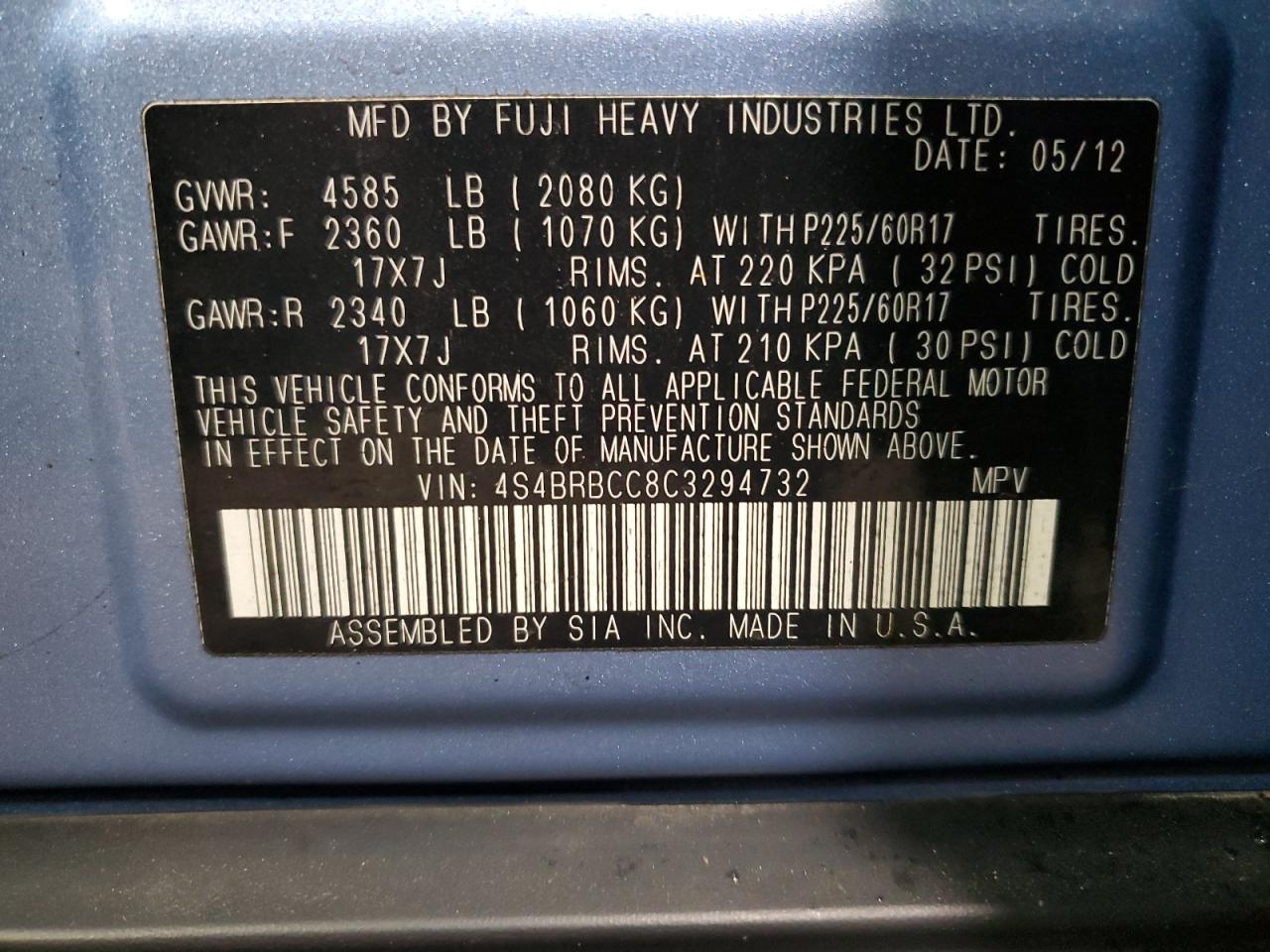 2012 Subaru Outback VIN 4S4BRBCC8C3294732 Copart auction photo, rear end damage thumbnail 14
