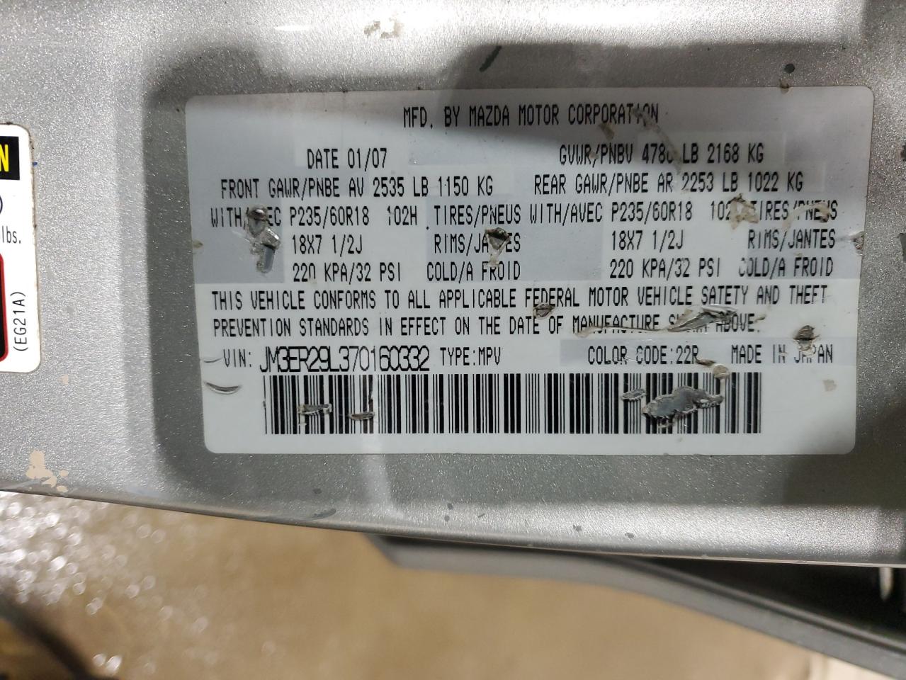 2007 Mazda CX-7 VIN JM3ER29L370160332 Copart auction photo, all over / undercarriage damage thumbnail 16