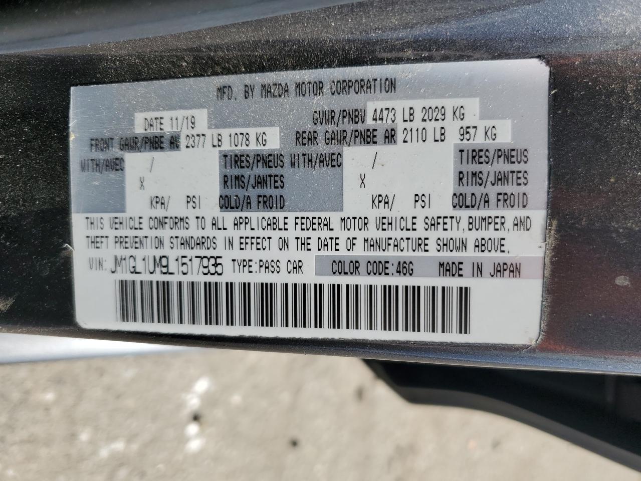 2020 Mazda 6 VIN JM1GL1UM9L1517935 Copart auction photo, rear end / front end damage thumbnail 13