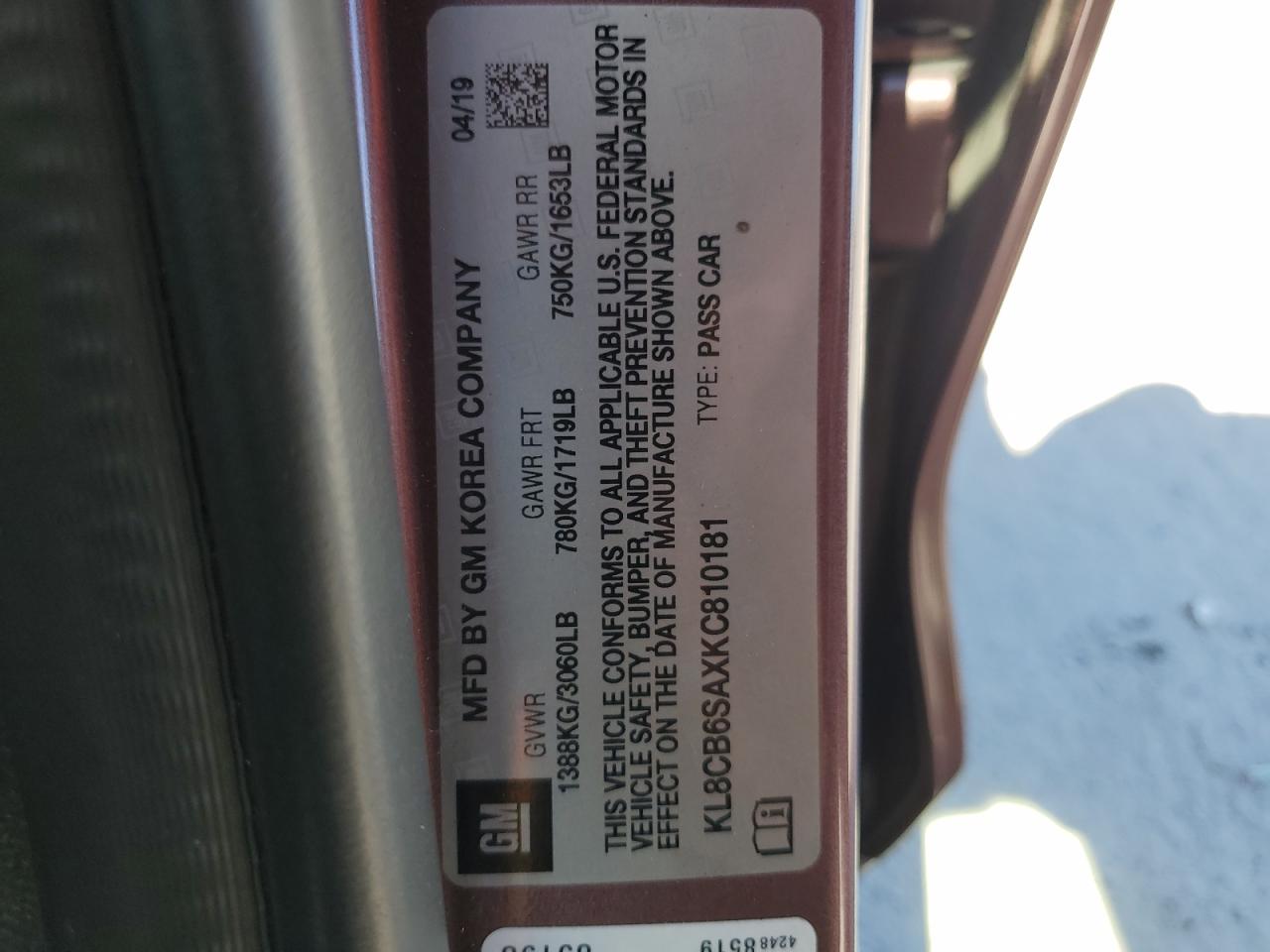 2019 Chevrolet Spark VIN KL8CB6SAXKC810181 Copart auction photo, front end damage thumbnail 14