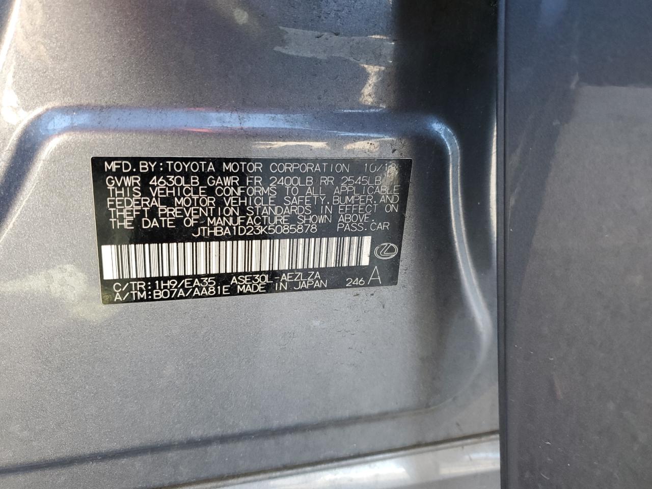 2019 Lexus IS VIN JTHBA1D23K5085878 Copart auction photo, all over damage thumbnail 12