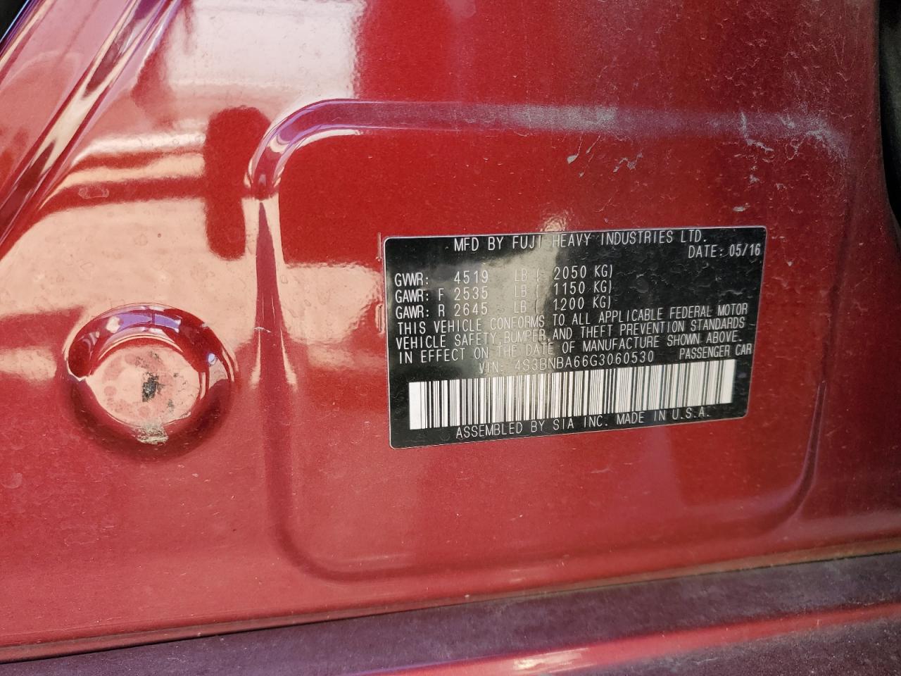 2016 Subaru Legacy VIN 4S3BNBA66G3060530 Copart auction photo, front end / side damage thumbnail 14