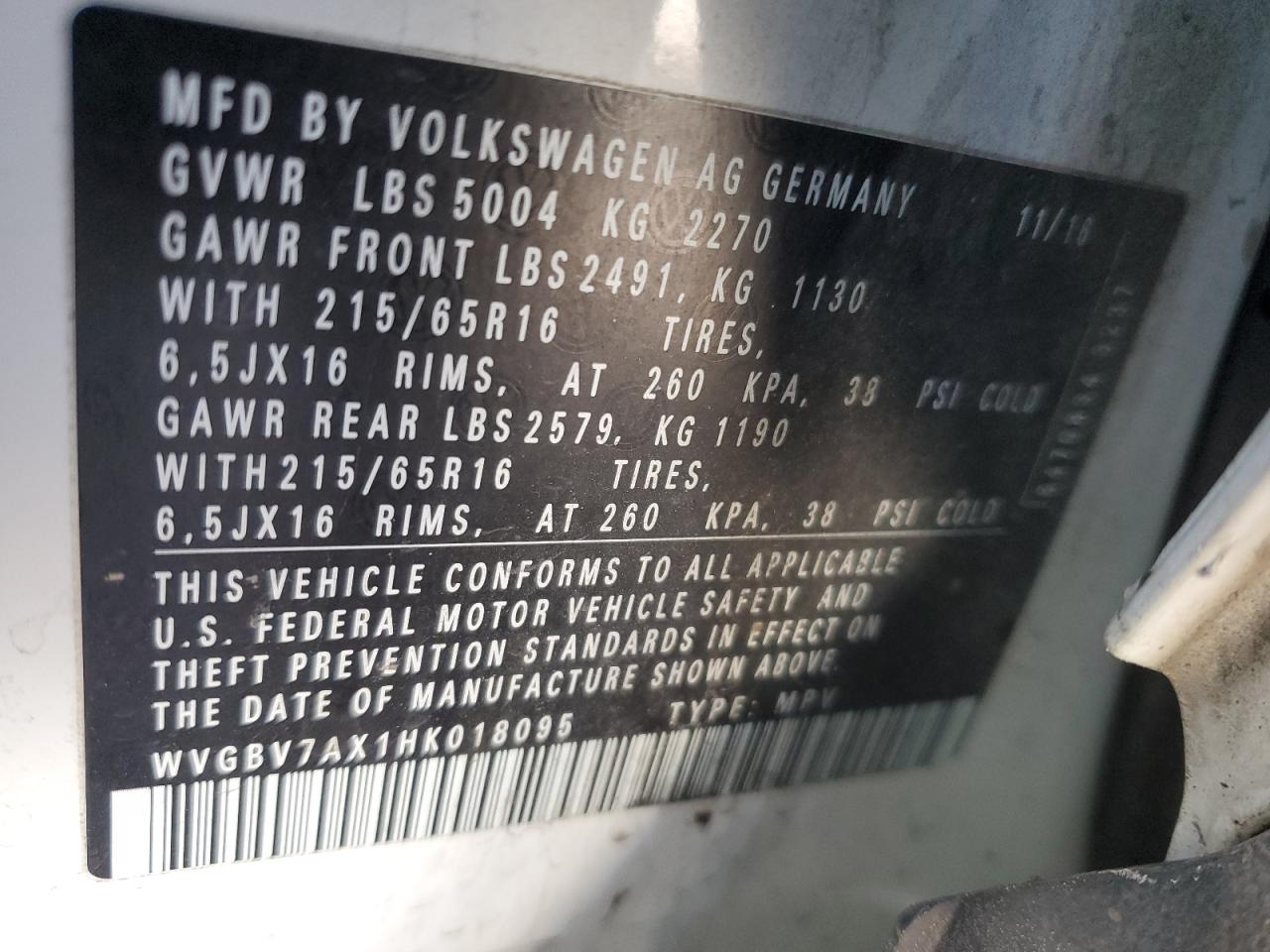 2017 Volkswagen Tiguan VIN WVGBV7AX1HK018095 Copart auction photo, front end damage thumbnail 13