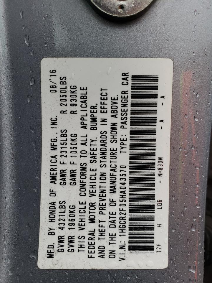 2017 Honda Accord VIN 1HGCR2F05HA043570 Copart auction photo, front end damage thumbnail 13