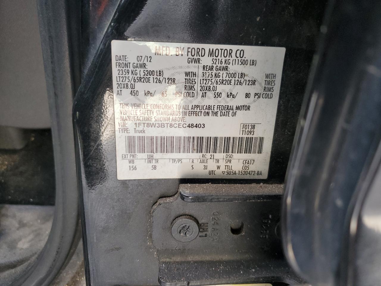2012 Ford F350 VIN 1FT8W3BT8CEC48403 Copart auction photo, front end / side damage thumbnail 12