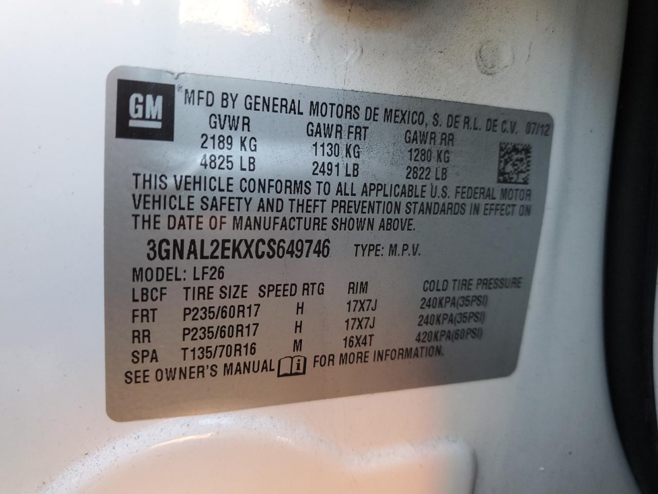 2012 Chevrolet Captiva VIN 3GNAL2EKXCS649746 Copart auction photo, front end damage thumbnail 14