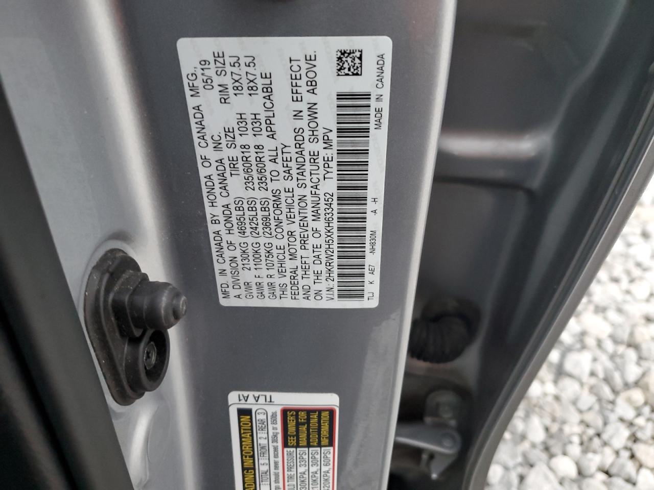 2019 Honda CR-V VIN 2HKRW2H5XKH633452 Copart auction photo, rear end / undercarriage damage thumbnail 16