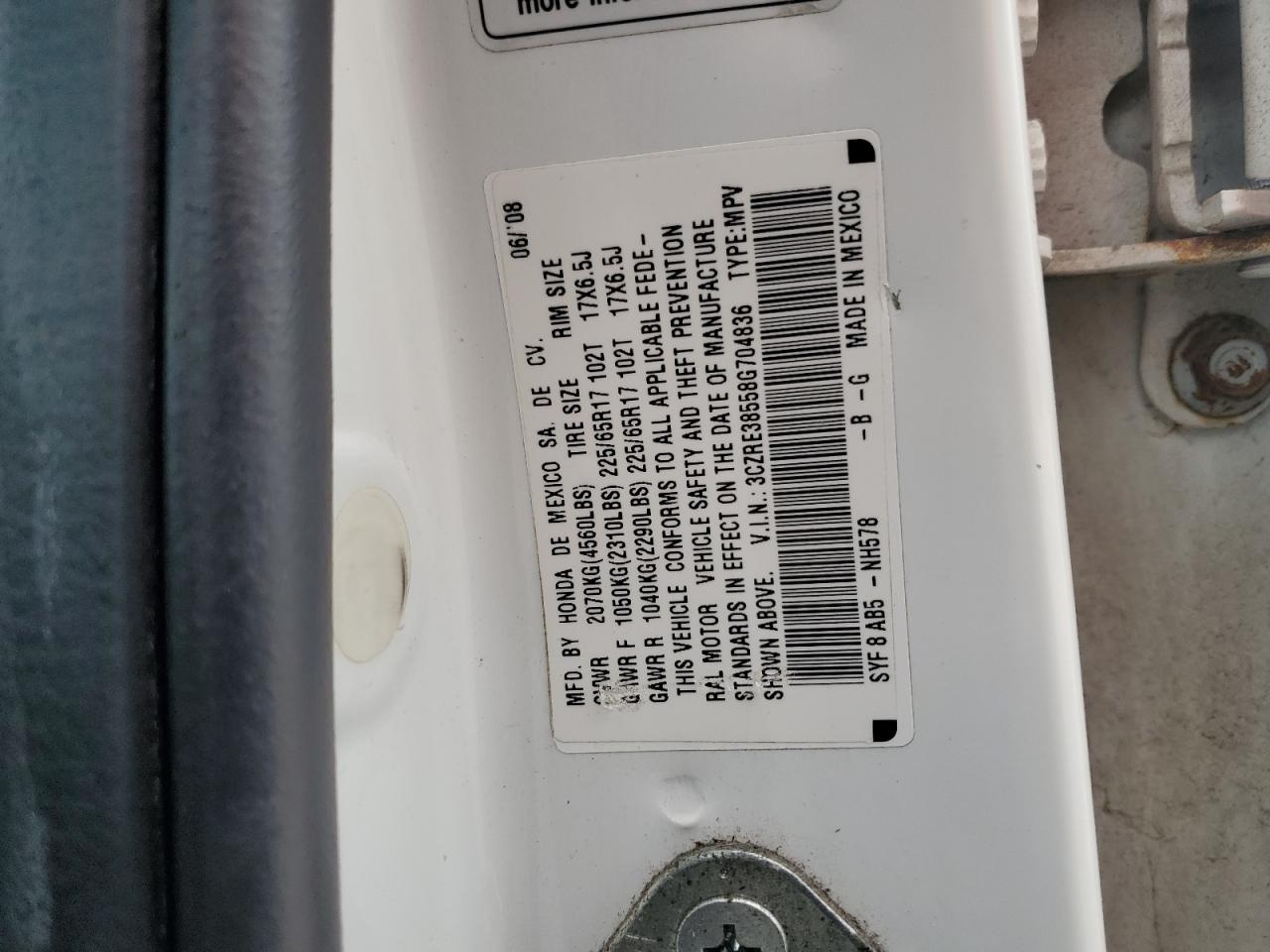 2008 Honda CR-V VIN 3CZRE38558G704836 Copart auction photo, side damage thumbnail 13