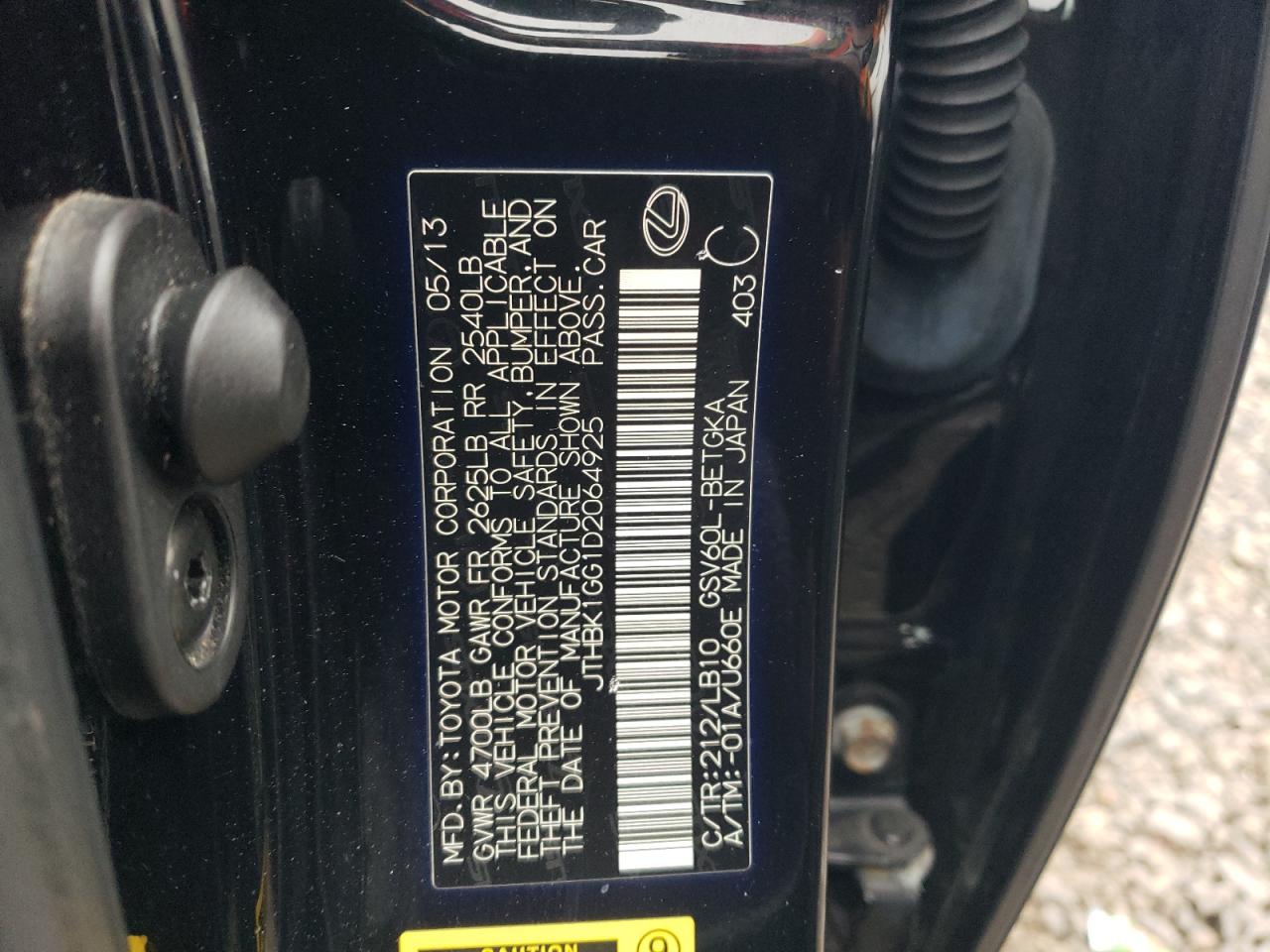 2013 Lexus ES VIN JTHBK1GG1D2064925 Copart auction photo, normal wear damage thumbnail 12