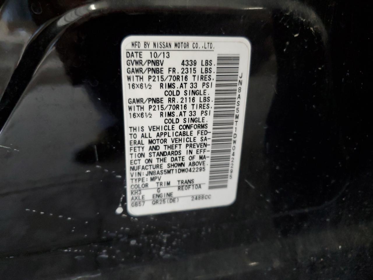 2013 Nissan Rogue VIN JN8AS5MT1DW042295 Copart auction photo, front end damage thumbnail 13