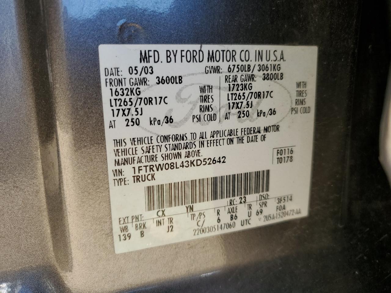 2003 Ford F-150 VIN 1FTRW08L43KD52642 Copart auction photo, front end / side damage thumbnail 12
