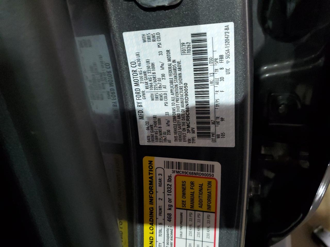 2022 Ford Bronco VIN 3FMCR9C68NRD90050 Copart auction photo, front end / side damage thumbnail 15