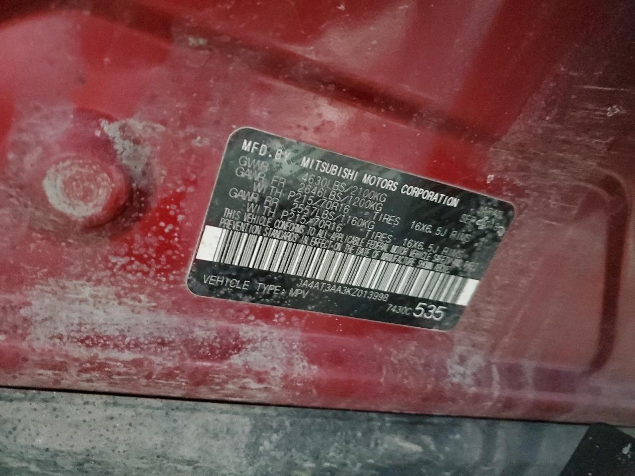 2019 Mitsubishi Eclipse VIN JA4AT3AA3KZ013998 Copart auction photo, front end / side damage thumbnail 13