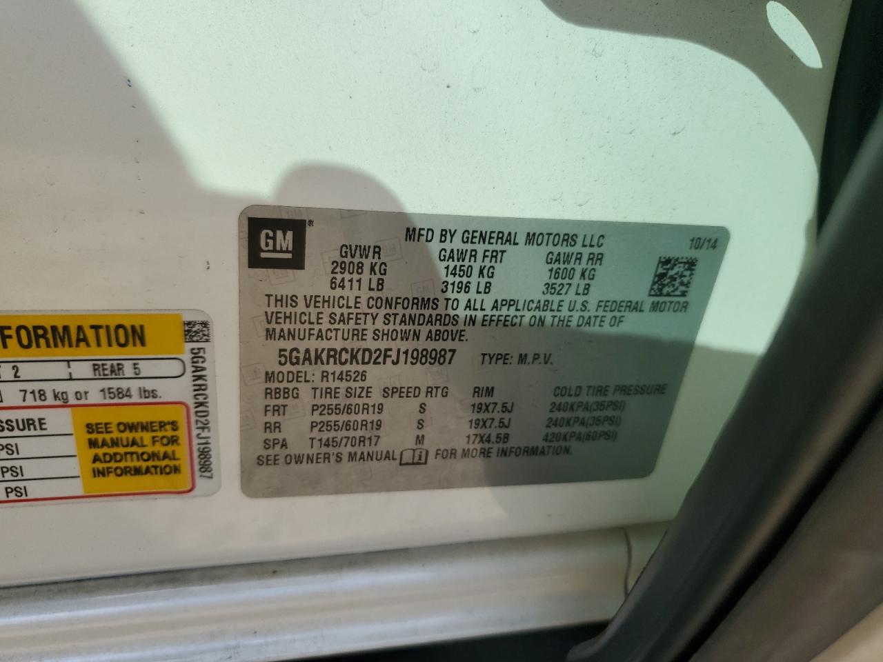 2017 Buick Enclave VIN 5GAKRCKD2FJ198987 Copart auction photo, front end / minor dent/scratches damage thumbnail 13