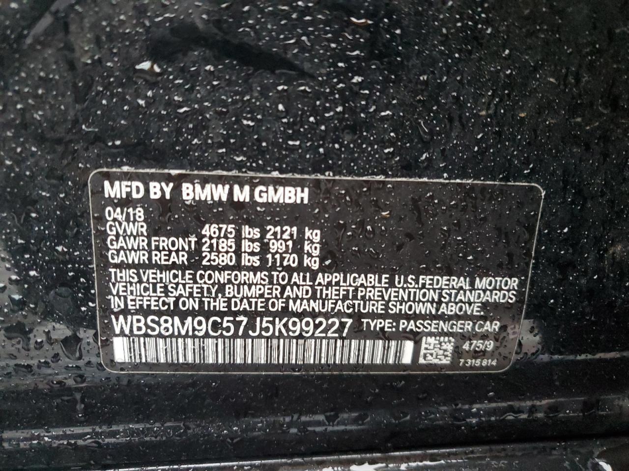 2018 BMW M3 VIN WBS8M9C57J5K99227 Copart auction photo, front end damage thumbnail 14