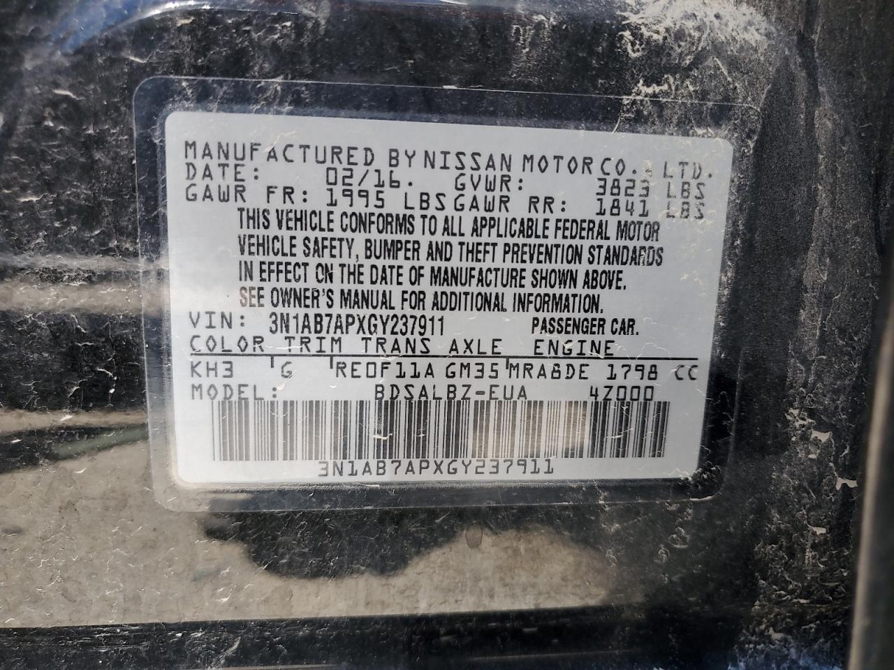 2016 Nissan Sentra VIN 3N1AB7APXGY237911 Copart auction photo, front end damage thumbnail 14