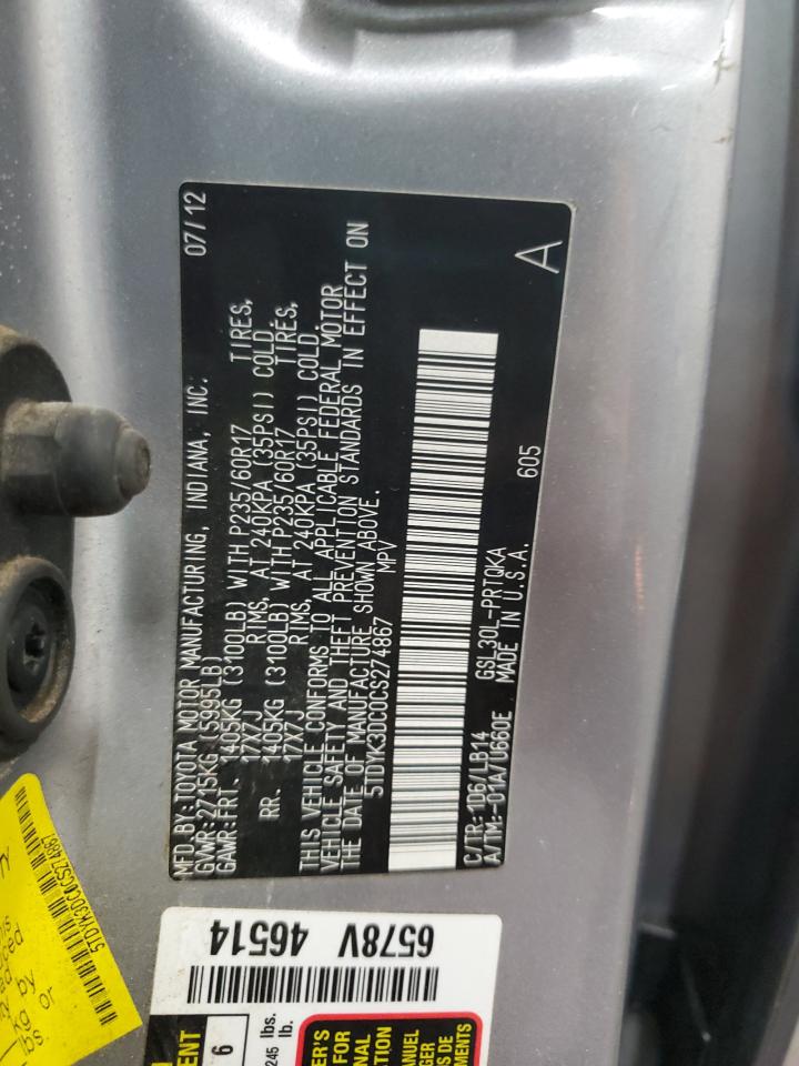 2012 Toyota Sienna VIN 5TDYK3DC0CS274867 Copart auction photo, front end damage thumbnail 15
