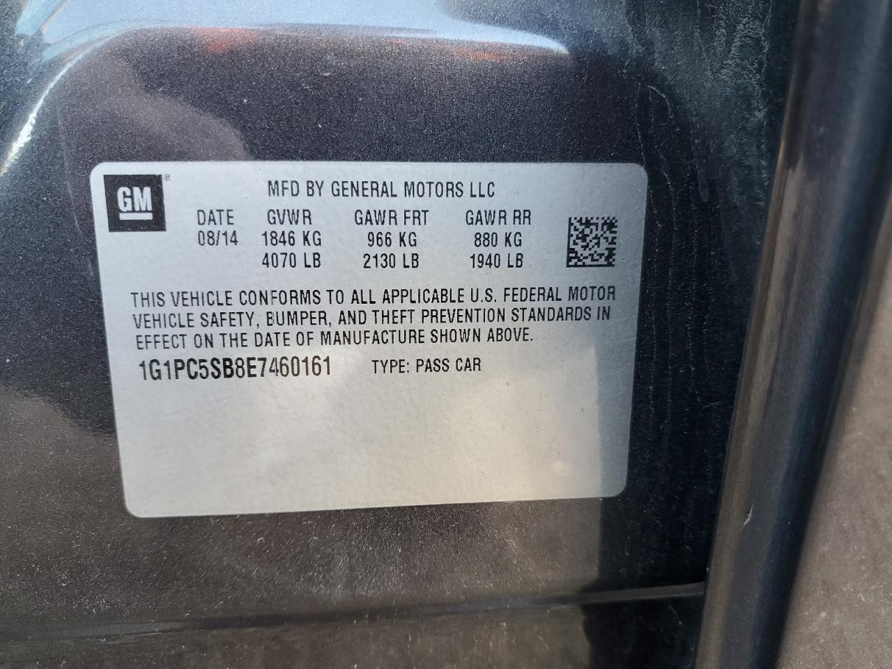2014 Chevrolet Cruze VIN 1G1PC5SB8E7460161 Copart auction photo, side / front end damage thumbnail 15