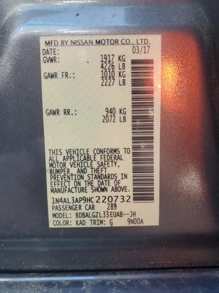 2017 Nissan Altima VIN 1N4AL3AP9HC220732 Copart auction photo, burn damage thumbnail 12