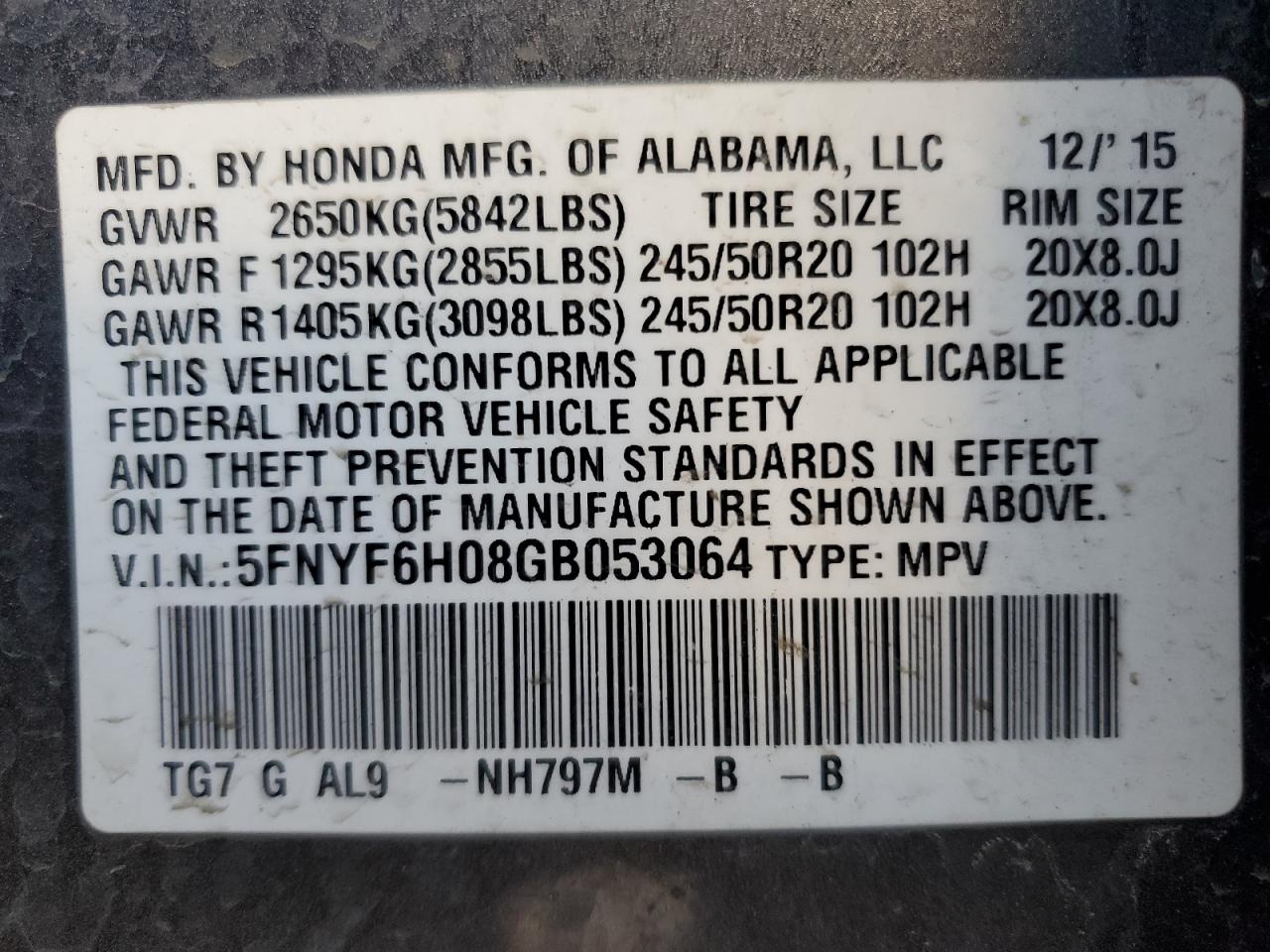 2016 Honda Pilot VIN 5FNYF6H08GB053064 Copart auction photo, front end / top/roof damage thumbnail 13