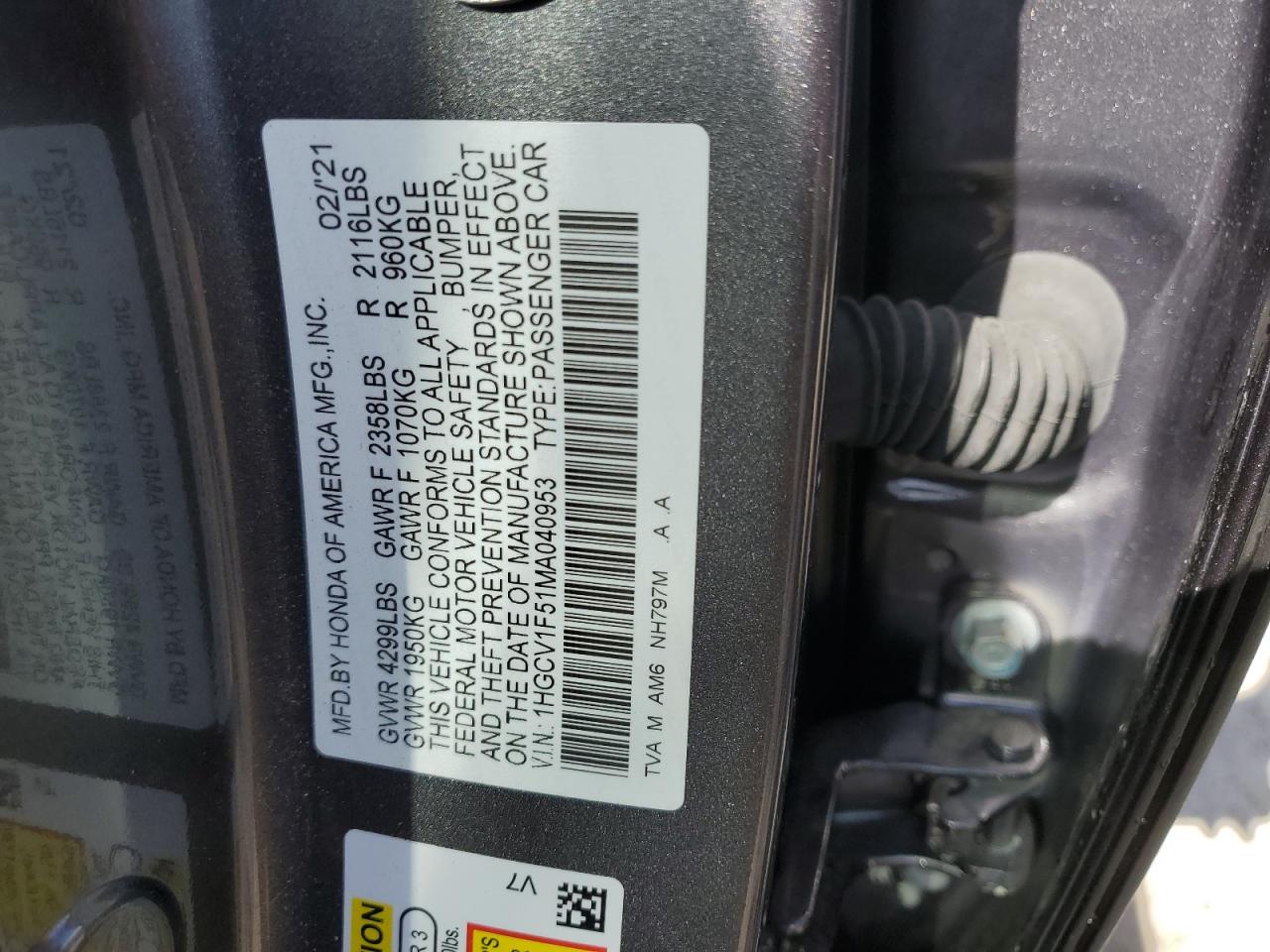 2021 Honda Accord VIN 1HGCV1F51MA040953 Copart auction photo, rear end / side damage thumbnail 12