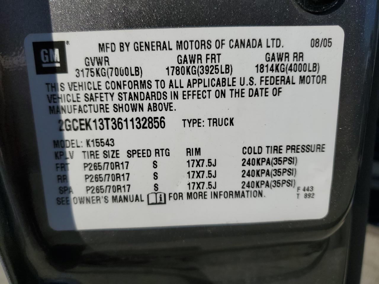 2006 Chevrolet Silverado VIN 2GCEK13T361132856 Copart auction photo, top/roof damage thumbnail 12