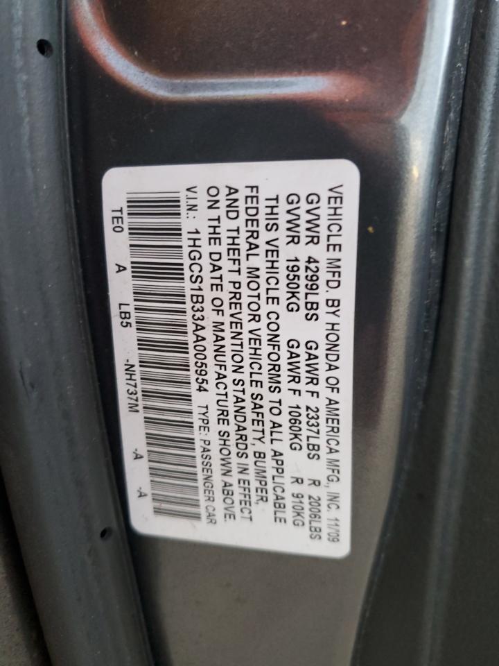 2010 Honda Accord VIN 1HGCS1B33AA005954 Copart auction photo, side / minor dent/scratches damage thumbnail 12
