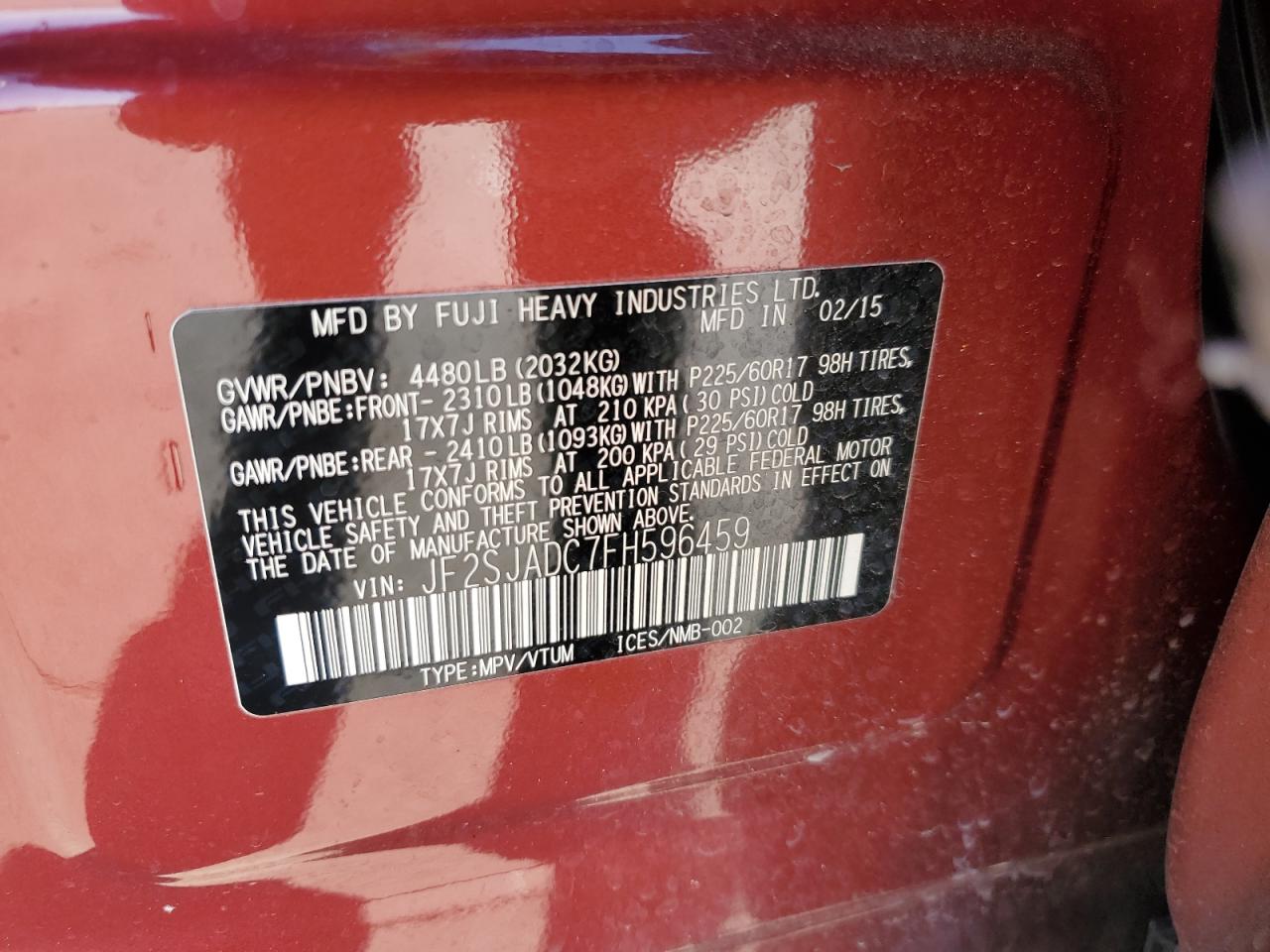 2015 Subaru Forester VIN JF2SJADC7FH596459 Copart auction photo, front end / rear end damage thumbnail 16