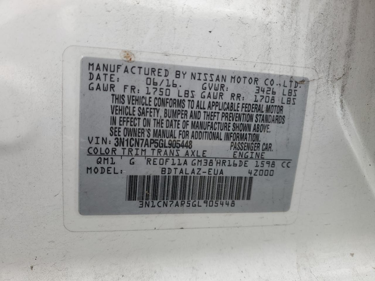 2016 Nissan Versa VIN 3N1CN7AP5GL905448 Copart auction photo, minor dent/scratches damage thumbnail 12