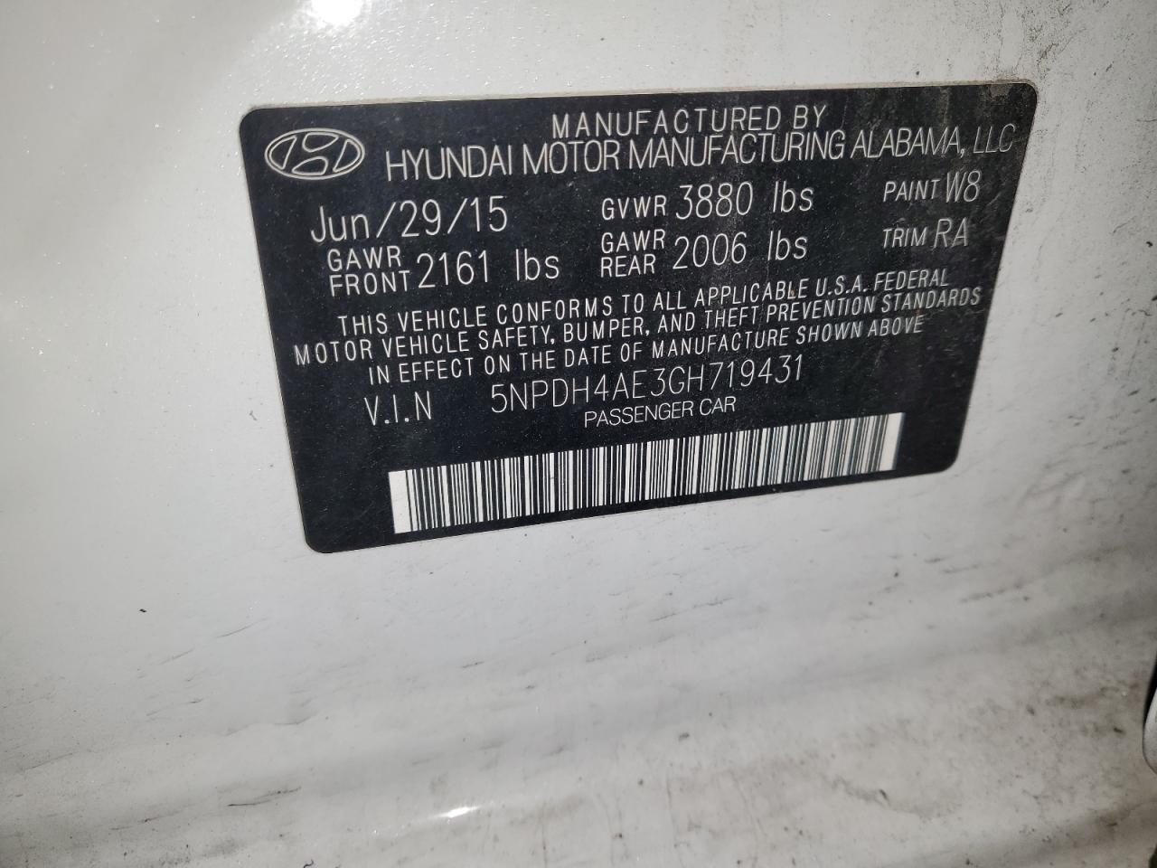 2016 Hyundai Elantra VIN 5NPDH4AE3GH719431 Copart auction photo, front end damage thumbnail 15