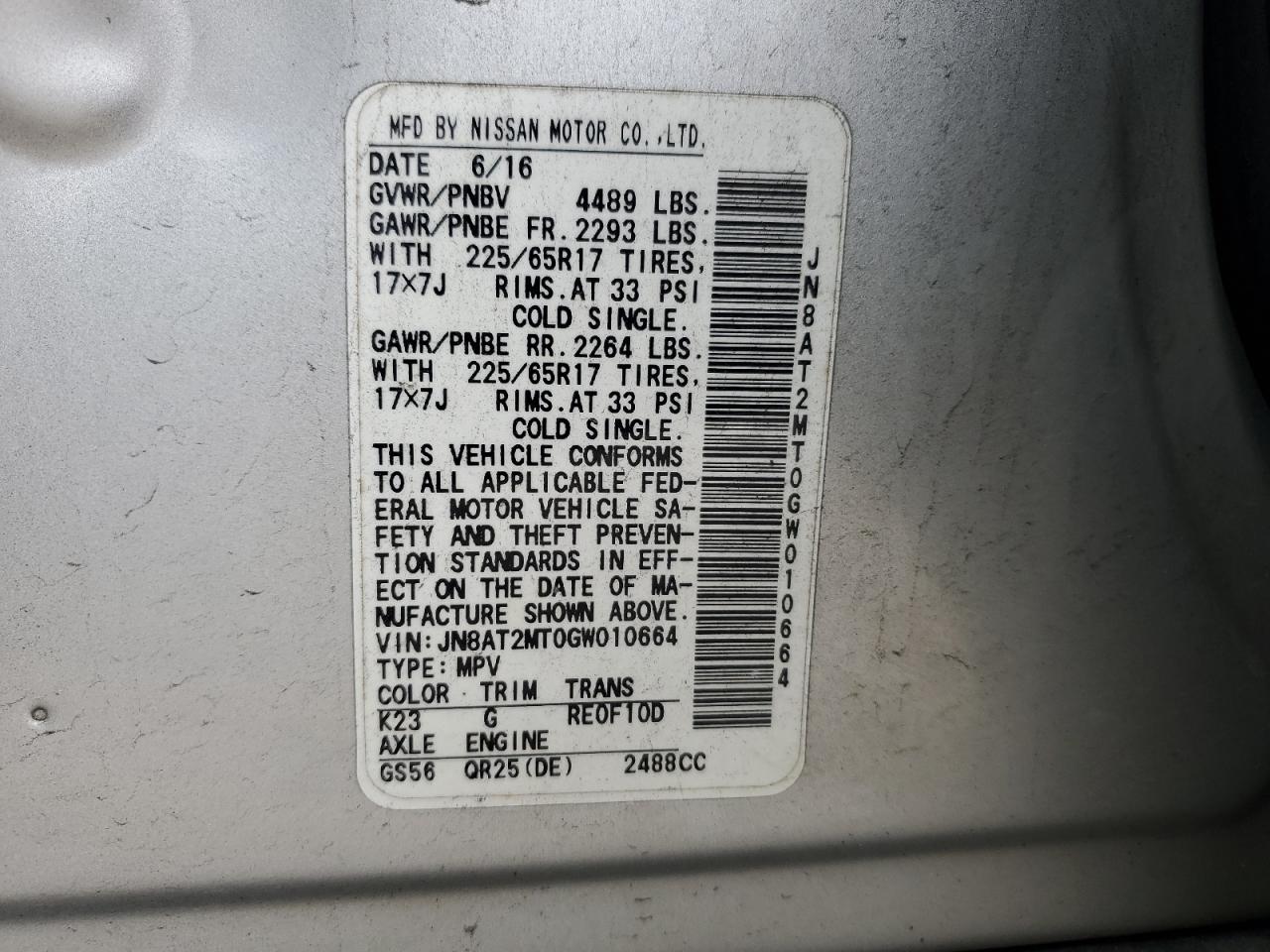 2016 Nissan Rogue VIN JN8AT2MT0GW010664 Copart auction photo, front end / side damage thumbnail 13