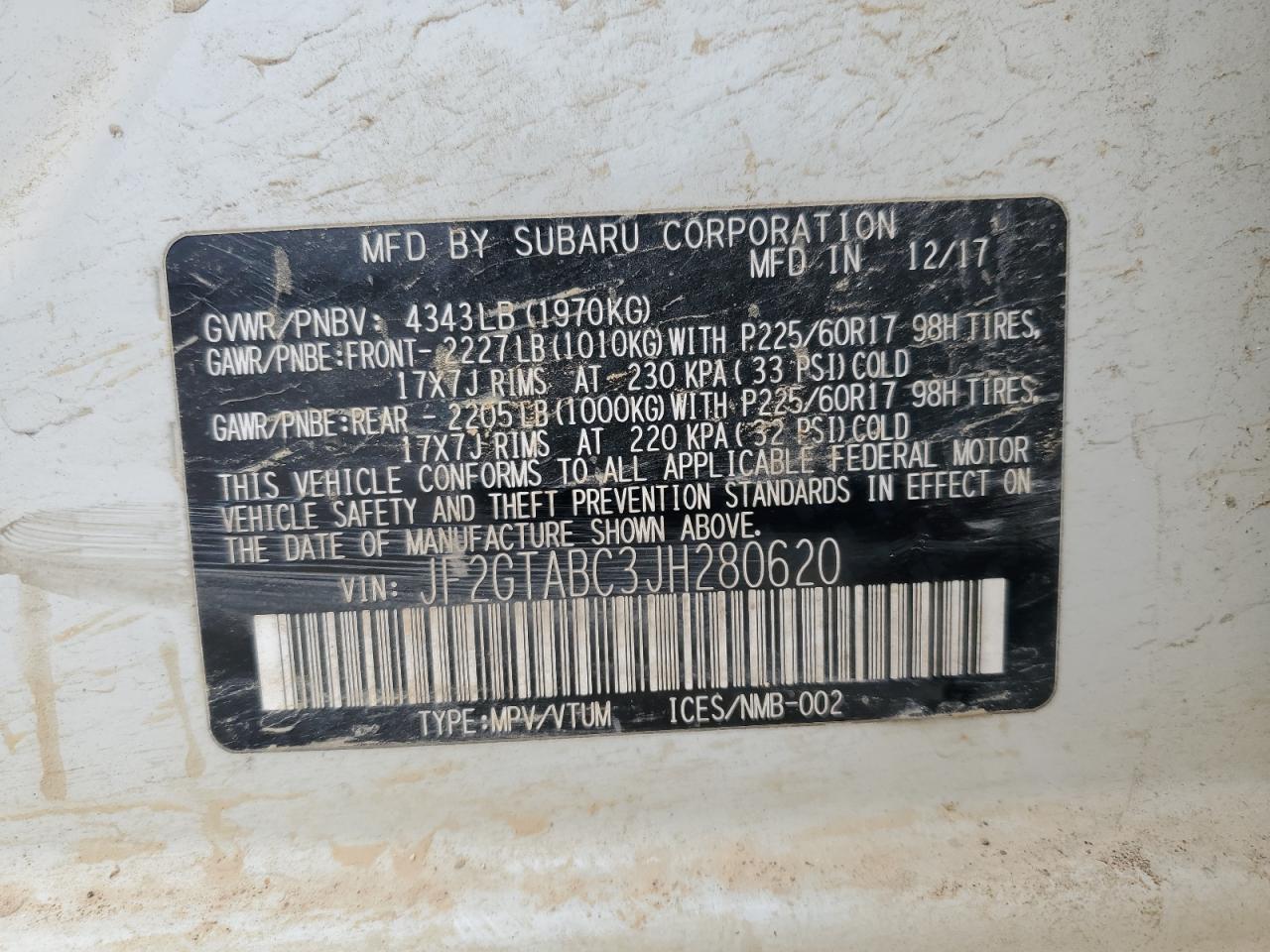 2018 Subaru XV VIN JF2GTABC3JH280620 Copart auction photo, front end damage thumbnail 15