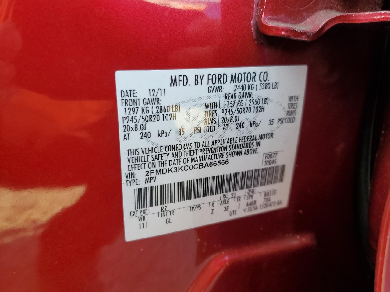 2012 Ford Edge VIN 2FMDK3KC0CBA66566 Copart auction photo, front end damage thumbnail 13