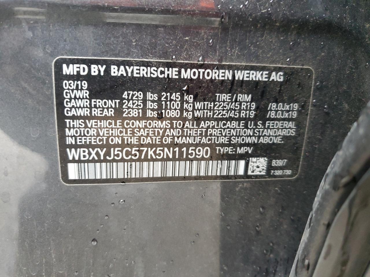 2019 BMW X2 VIN WBXYJ5C57K5N11590 Copart auction photo, front end damage thumbnail 12