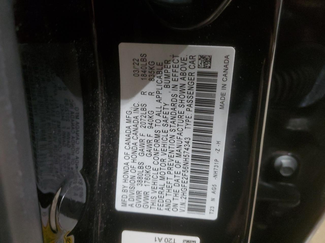 2022 Honda Civic VIN 2HGFE2F56NH574343 Copart auction photo, front end damage thumbnail 15