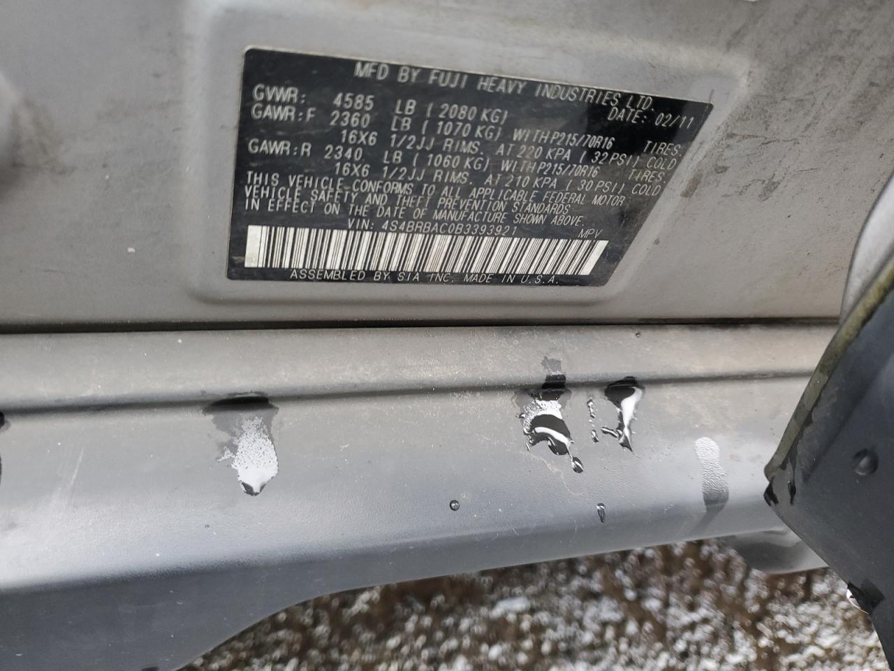 2011 Subaru Outback VIN 4S4BRBAC0B3393921 Copart auction photo, front end damage thumbnail 12
