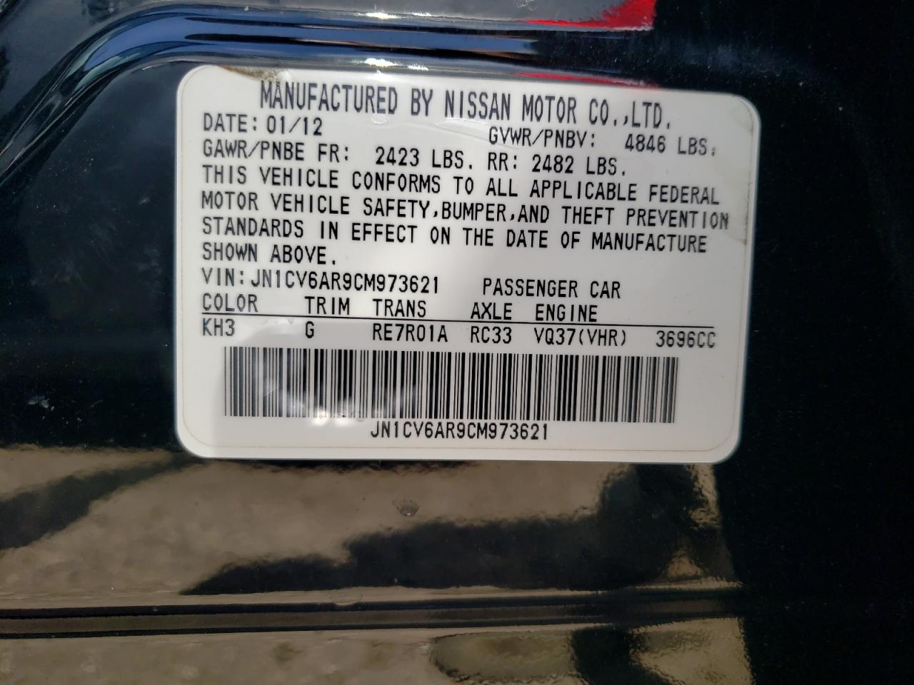 2012 Infiniti G VIN JN1CV6AR9CM973621 Copart auction photo, front end damage thumbnail 12