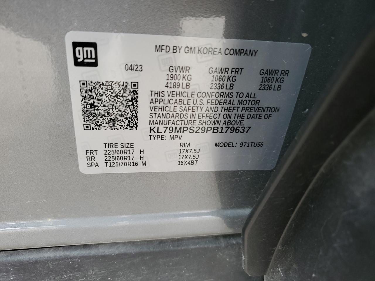 2023 Chevrolet TrailBlazer VIN KL79MPS29PB179637 Copart auction photo, front end damage thumbnail 16