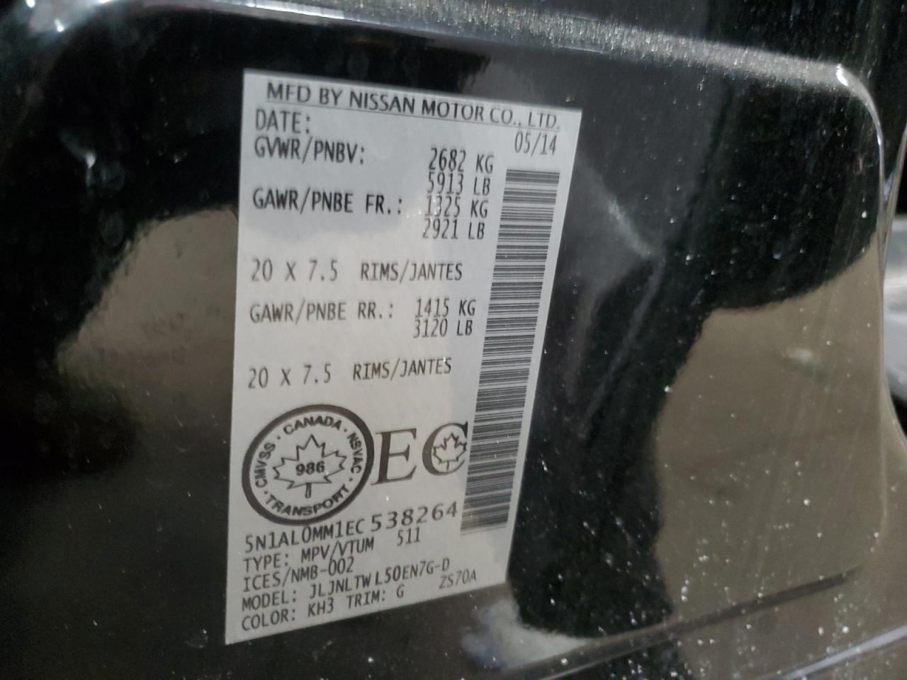 2014 Infiniti QX60 VIN 5N1AL0MM1EC538264 Copart auction photo, rear end / side damage thumbnail 13